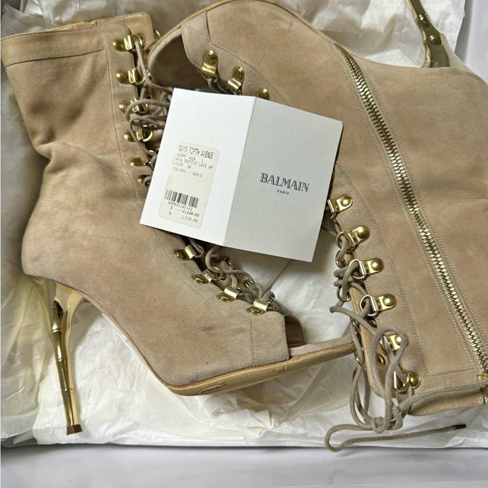 Balmain Tan Lace-Up Heeled Boots